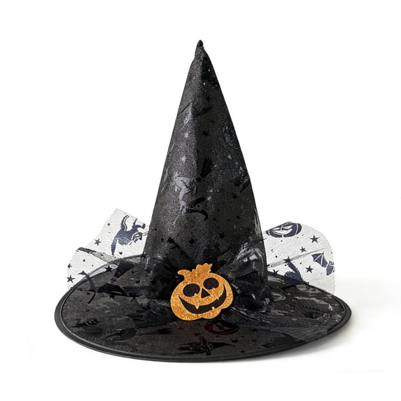 Halloween Witch Hat for Women, Black Lace Wizard Hat with Pumpkin Skeleton Rose Decor, Gothic Costume Accessory for Halloween Party Cosplay Carnival Dress Up