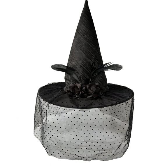 Halloween Witch Hat for Women, Black Lace Wizard Hat with Pumpkin Skeleton Rose Decor, Gothic Costume Accessory for Halloween Party Cosplay Carnival Dress Up