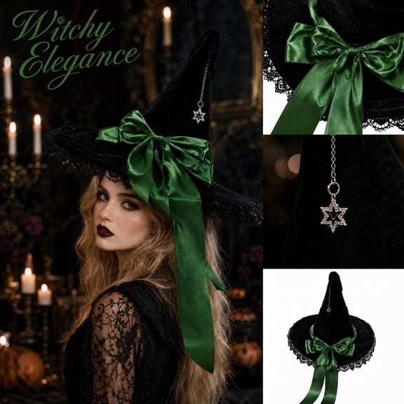 Halloween Witch Hat for Women, Gothic Velvet with Wide Brim and Bow Green