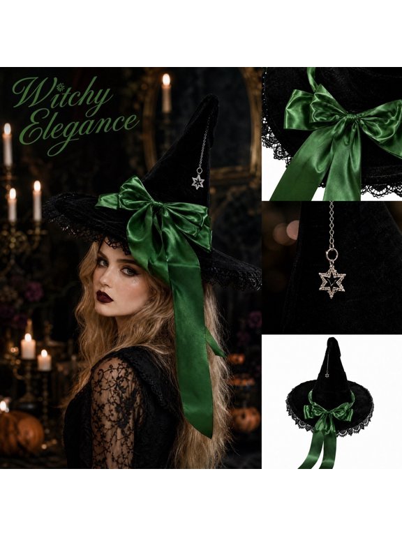 Halloween Witch Hat for Women, Gothic Velvet with Wide Brim and Bow Green
