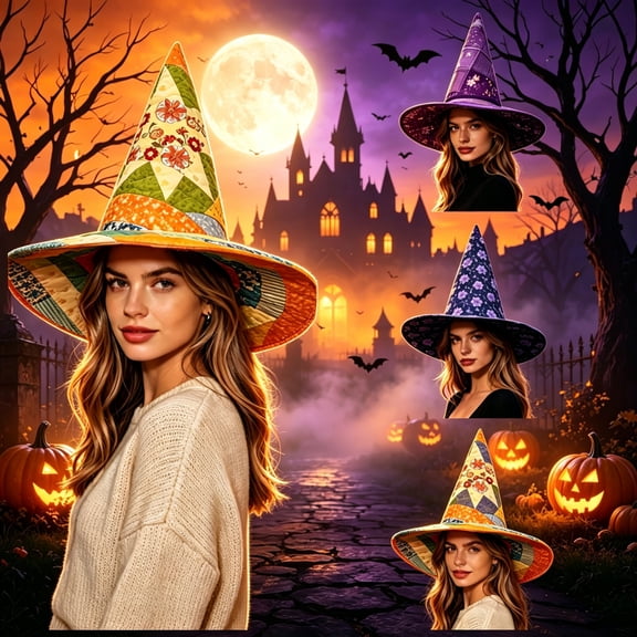Halloween Witch Hat for Women Quilted Floral Pointed Cone Wide Brim Cosplay Party Costume Accessory