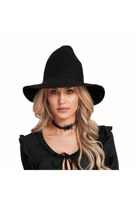 Halloween Witch Hat for Women, Wide Brim Foldable Pointed Cap, for Halloween Party Costume Accessory, Black