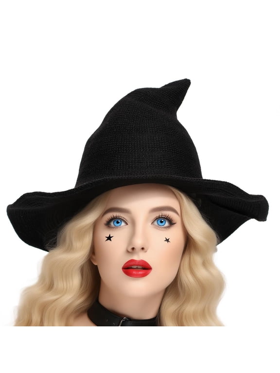 Halloween Witch Hat Costume Women, Wide Brim Foldable Pointed Cap, Witches Hats for Adults Halloween Party Costume Accessory, Black