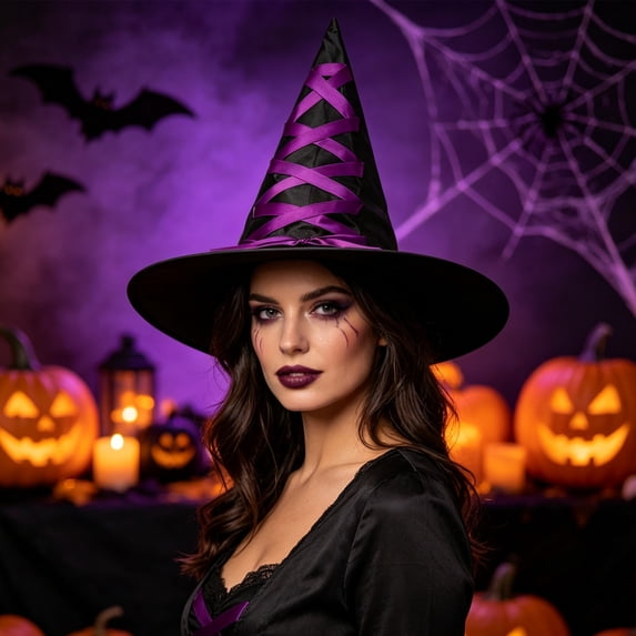 Halloween Witch Hat with Decorative Ribbon,Black Velvet,Wizard Hat,Cosplay Accessories,Dress Up Prop Purple