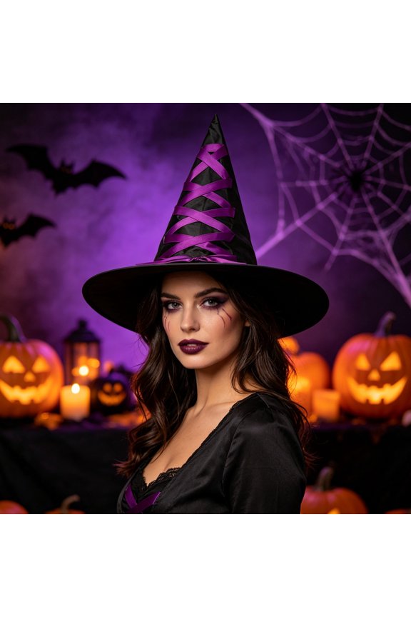 Halloween Witch Hat with Decorative Ribbon,Black Velvet,Wizard Hat,Cosplay Accessories,Dress Up Prop Purple