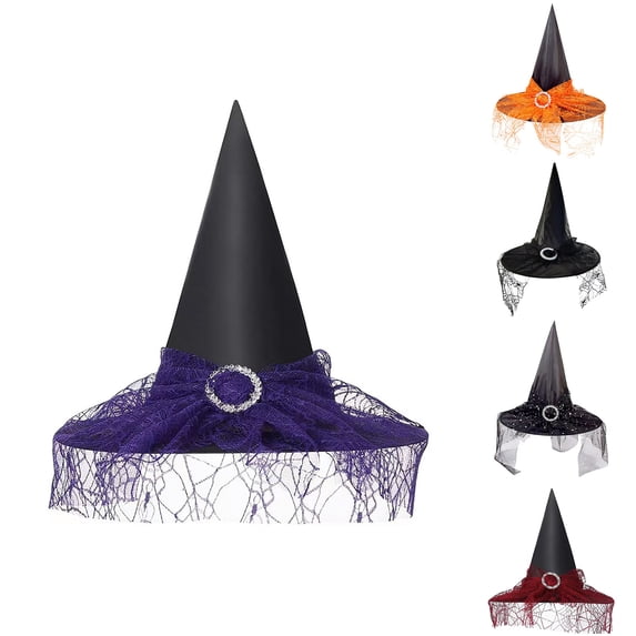 Halloween Witch Hat with Spider Web Lace Veil and Ring Buckle, Traditional Halloween Costume Accessory for Women Girls Cosplay Party Dress Up