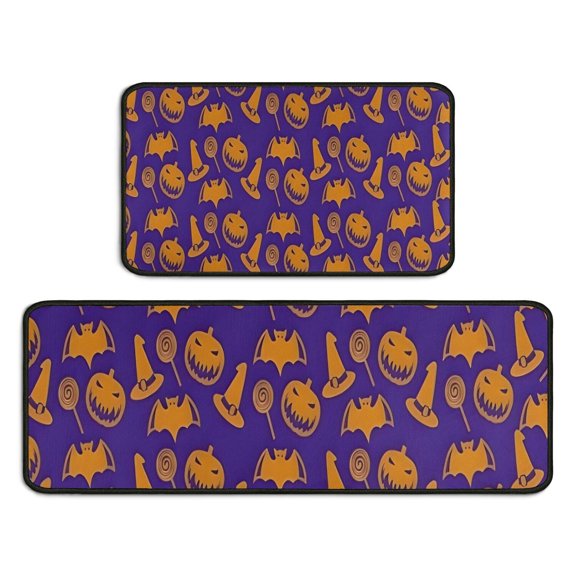 Halloween Witch Hats Bats and Pumpkins Kitchen Rugs Sets Of 2,Anti Fatigue Kitchen Mat Rugs Non Slip Washable,Decorative Kitchen Floor Mats for Kitchen,Sink,Laundry,17"X30"+17"X47"