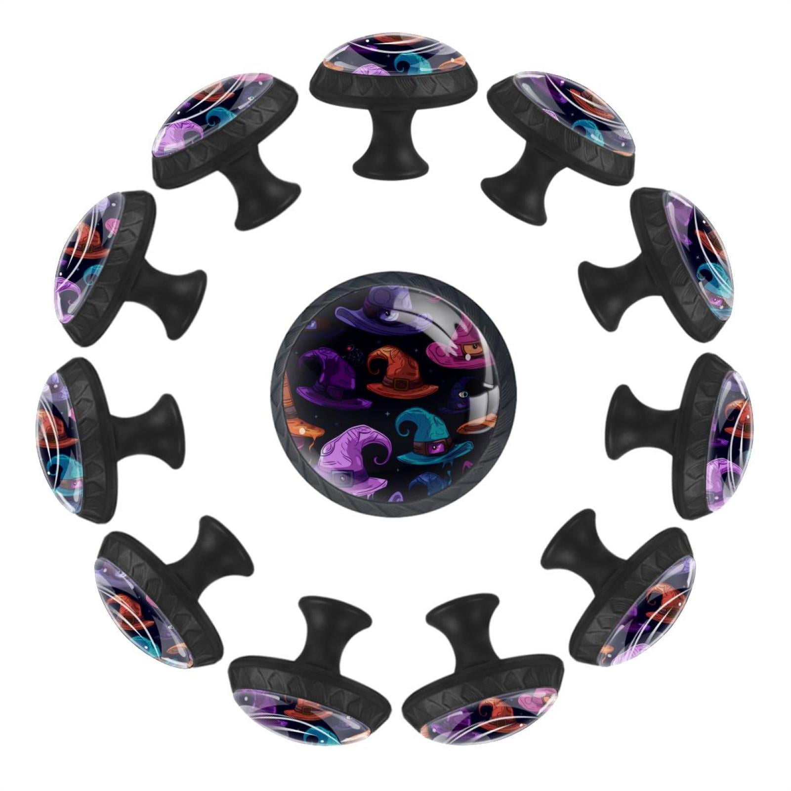 Halloween Witch Hats Pattern 35MM Round Glass Cabinet Knobs, Kitchen Knobs for Drawer Dresser Cupboard Wardrobe Modern Pulls Handles Hardware, Set of 12