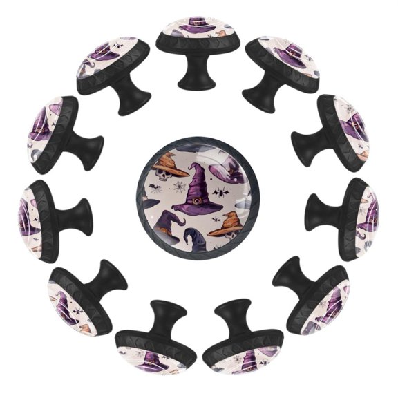 Halloween Witch Hats with Skull 35MM Round Glass Cabinet Knobs, Kitchen Knobs for Drawer Dresser Cupboard Wardrobe Modern Pulls Handles Hardware, Set of 12