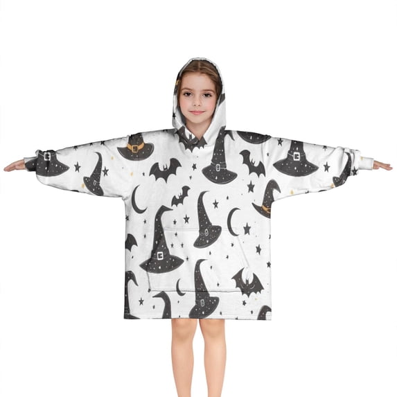 Halloween Witch Hats and Bats Blanket Hoodies for Kids 6-13YR Oversize Wearable Blanket Hoodies for Boys Girls Teens