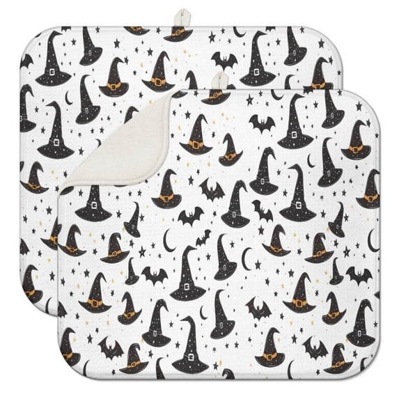 Halloween Witch Hats and Bats Dish Drying Mat for Kitchen 1 Pack, Ultra Absorbent Microfiber Dishes Drainer Mats,16x18in(41x46cm)