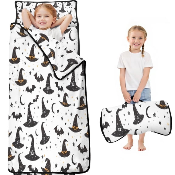 Halloween Witch Hats and Bats Toddler Nap Mats for Kids Preschool,59"x22" Sleeping Mat Bag or Kids,Toddler Sleeping Bag,Toddler Nap Mat or Daycare