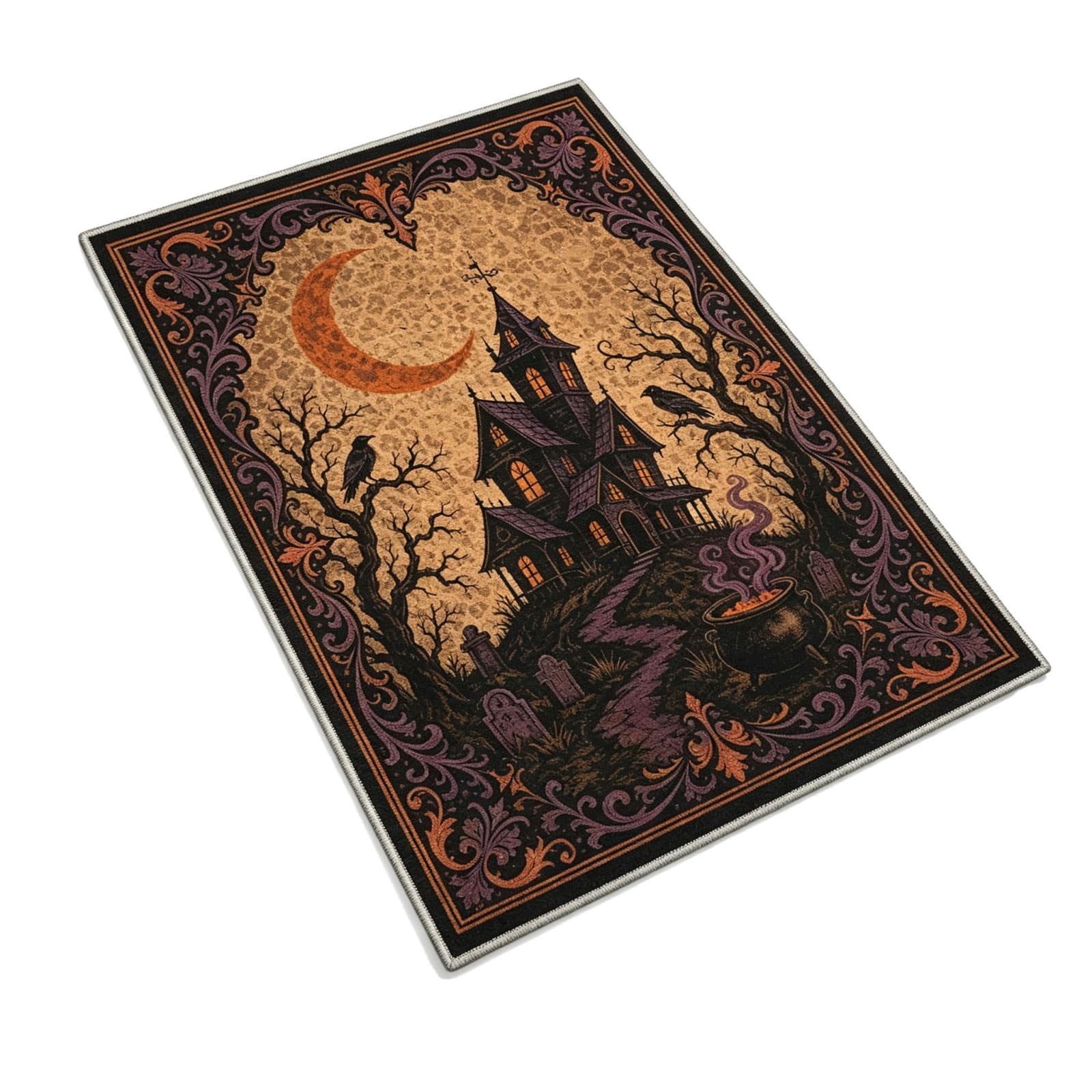 Halloween Witch House Moon Area Rug, Gothic Graveyard Crow Floor Cover ...