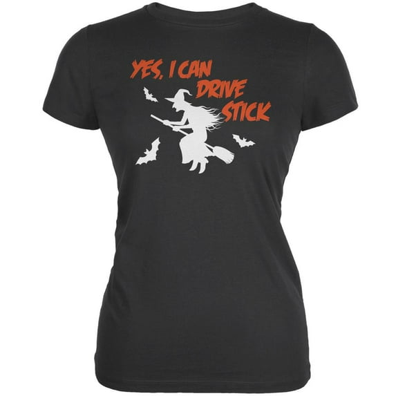 Halloween Witch I Can Drive Stick Asphalt Juniors Soft T-Shirt - 2X-Large