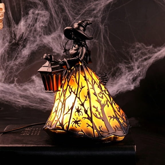 Halloween Witch LED Decor Lamp Resin Gothic Ornament Tabletop Fireplace Window Party Decoration Spooky Holiday Home Decor Collection Display Accent Light Ornament