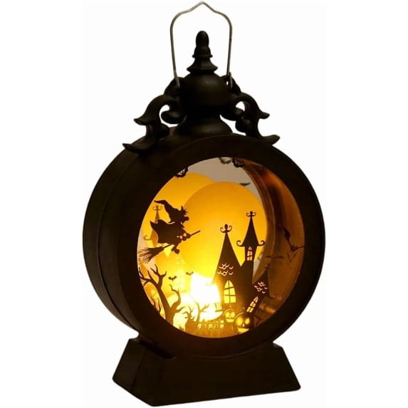 Halloween Witch LED Lantern, Black Plastic, 6.7" Battery Operated Light with Spooky Silhouette, Hanging & Tabletop Decor for Halloween Party