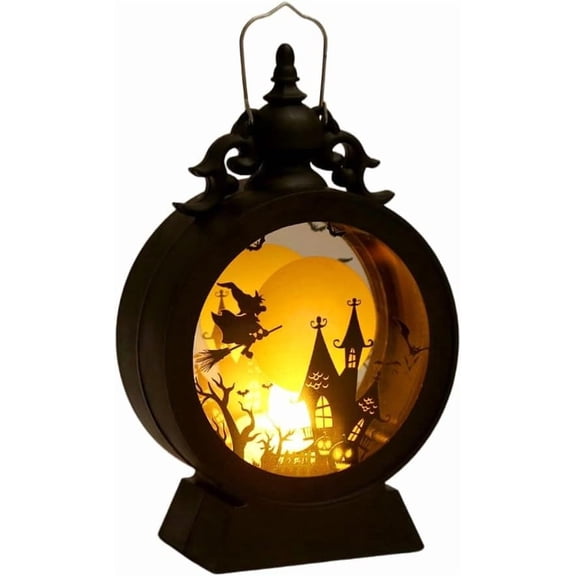 Halloween Witch LED Lantern, Black Plastic, 6.7" Battery Operated Light with Spooky Silhouette, Hanging & Tabletop Decor for Halloween Party