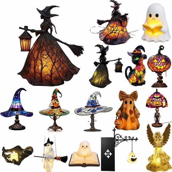 Halloween Witch LED Table Lamp with Button Battery, Resin Glowing Witch Ornament Novelty Night Light, Spooky Season Display for Buffet Mantel Party Setup, Fun Halloween Gift