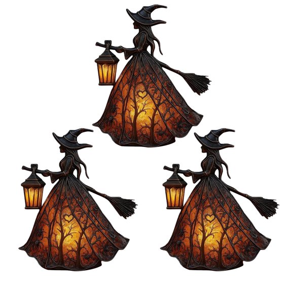 Halloween Witch Lamp, 3PCS 7" Gothic Spooky Witch Decor with Holding Lantern, Small Stained Glass Witch Figurine Lights for Home Shelf Mantels Kitchen Porch Tabletop Party Decor Gifts