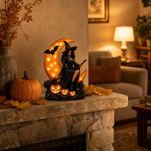 Halloween Witch Lamp, Gothic Ambiance Resin Witch Sitting On Glowing Moon Statue, Pumpkin Bat Wizard Hat Decor Figurine with LED Light, Spooky Tabletop Ornament for Mantel Shelf Home