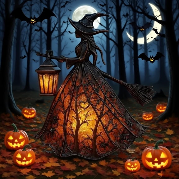 Halloween Witch Lamp, Stained Glass LED Witch Hat Night Light with Lantern and Broomstick for Home Decor, Indoor Outdoor Halloween Decor