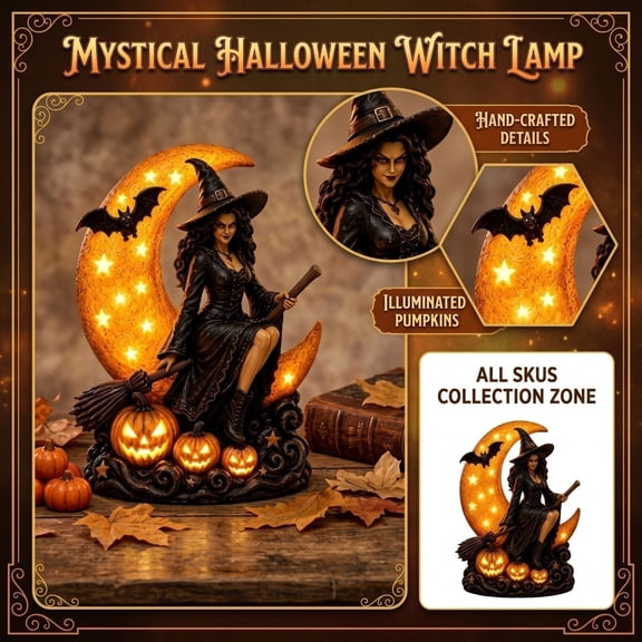 Halloween Witch Lamp with Crescent Moon and Pumpkins Halloween Decorative Night Light for Home, Porch, Tabletop Decor