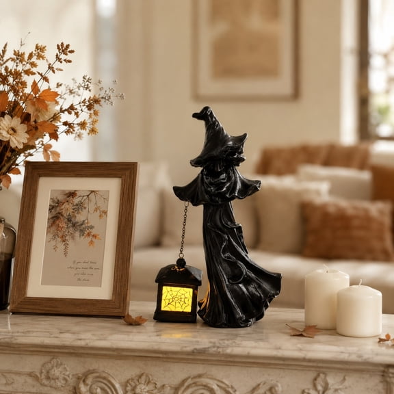 Halloween Witch Lantern Figurine 8.07 Inch Black Resin Statue with Warm LED Light and Spider Web Shadow for Spooky Tabletop Home Decor