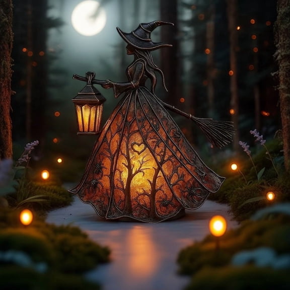 Halloween Witch Lantern Lamp, 7-Inch Gothic Witch Figurine with Glowing Lantern & Intricate Dress Design, LED Light-Up Decor for Halloween Party, Home, Office & Spooky Season