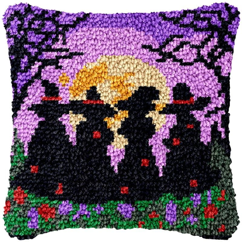 Halloween Witch Latch Hook Pillow Cover Kits for DIY Handmade Throw Pillow Cross Stitch Latch Hook Pillowcase Rug Kits with Preprinted Color Pattern Canvas Crochet Yarn Kits 17''X 17''(ch230)