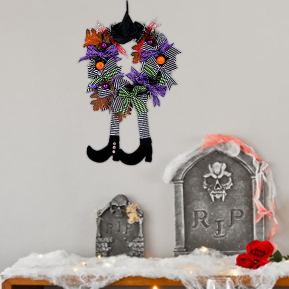 Halloween Witch Legs Wreath Front Door Decorative Hanging Ornament with Hat and Pumpkin Details for Indoor Outdoor Holiday Decor