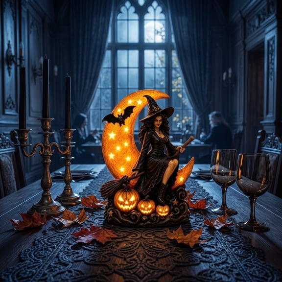 Halloween Witch Light, LED Tabletop Decor, Spooky Centerpiece Illuminated Sorceress Figure, Plug In Ornament, Haunted Display Accent, Seasonal Shelf Decoration, Holiday Mantel Piece,Black