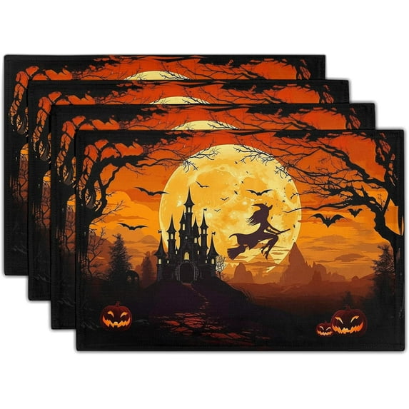 Halloween Witch Linen Placemats Set of 4 12x18 Inch Bat Castle Pumpkin Table Mat Heat-Resistant Washable Wipeable Place Mat for Party Kitchen Dining Home Decor