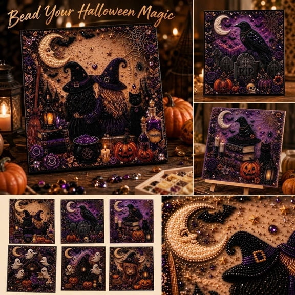 Halloween Witch Magic 3D Diamond Painting DIY Kit, Pearl Art Rhinestone Craft Set for Adults, Spooky Fall Home Wall Art Decor, Beginner Friendly Holiday Gift