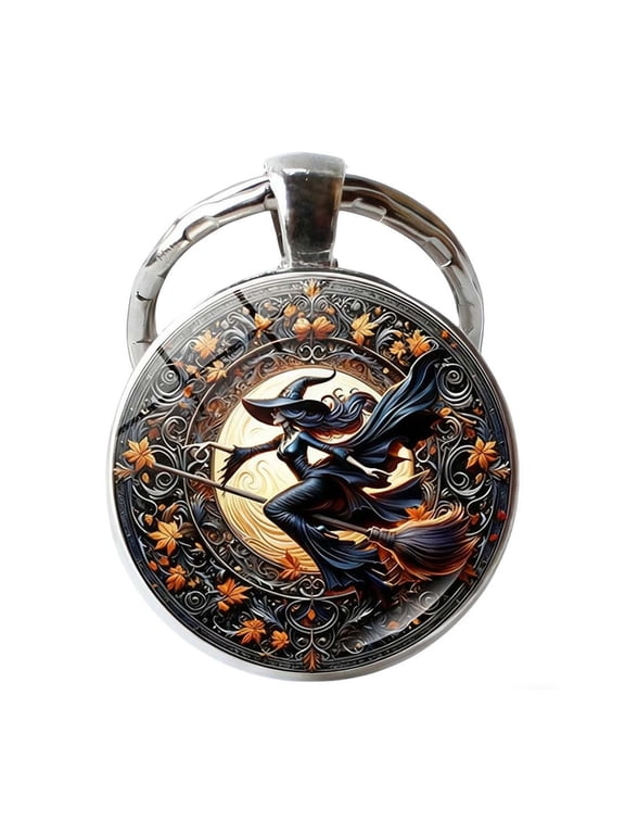 Halloween Witch Metal Keychain,Spooky Wiccan Charms Key Ring for Bag Backpack Keys,Vintage Gothic Gift for Women Girls Halloween Party Favor