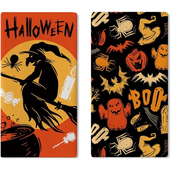 Halloween Witch Moon Kitchen Dish Towels Set of 2, Spooky Ghost Spider Bat Boo Drying Hand Towel Baking Cooking Cloth, Funny Cauldron Hat Jack O Lantern Pumpkin Home Decoration 18 x 26 Inches