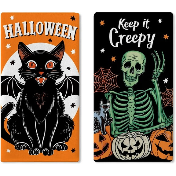 Halloween Witch Moon Kitchen Dish Towels Set of 2, Spooky Ghost Spider Bat Boo Drying Hand Towel Baking Cooking Cloth, Funny Cauldron Hat Jack O Lantern Pumpkin Home Decoration 18 x 26 Inches