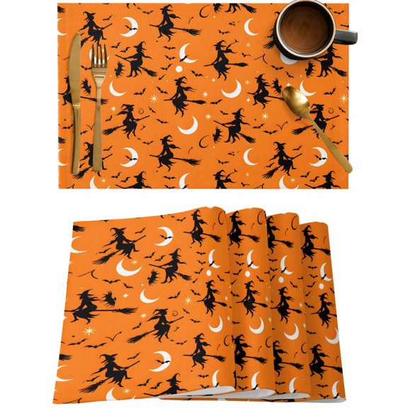 Halloween Witch Moon on Orange Placemats Set of 4,Wipeable Washable Table Mats for Dining Tables,Scary Bats Seamless Place Mats for Kitchen Event Party Tabletop Decor