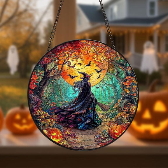 Halloween Witch With Moon Suncatcher, Witchy Window Hanging Decor, Spooky Halloween Decor for Windows, Stained Glass Witch Halloween Decor 4327269256