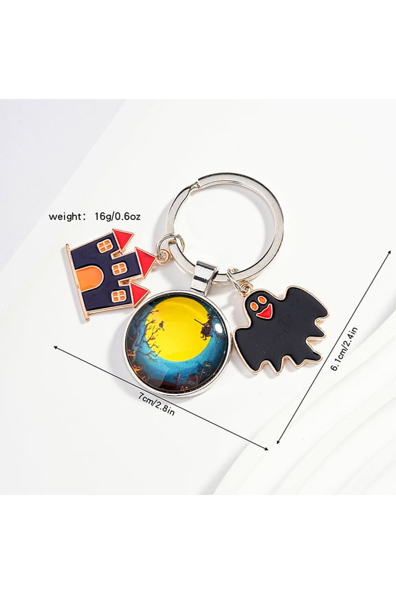 Halloween Witch Moonlight Glass Keychain Pendant Horror Metal Castle Ghost Key Ring