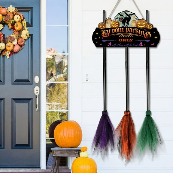 Halloween Witch Parking Sign - Broomstick Parking Only Hanging Decor with 3 Removable Brooms - Wooden Porch Sign for Outdoor & Indoor Hocus Pocus Party Decorations