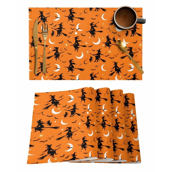 Halloween Witch Placemats Set of 1 Moon Cartoon Fall Orange Background Heat Insulation Washable Place Mats, Rustic Non-Slip Table Mats for Dining Table Party Kitchen Decor,13x19 Inch