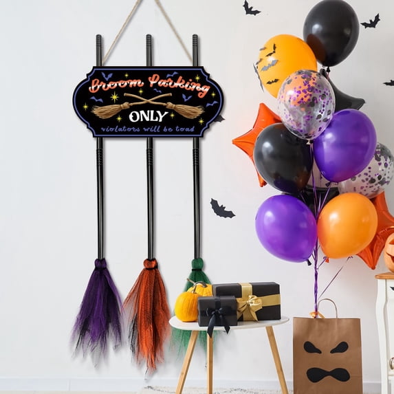 Halloween Witch Props Decorations,Halloween Witch Broom Parking Sign with 3 Hanging Brooms, Indoor Outdoor Party Decoration, Spooky Door Wall Decor,Welcome Sign for Home, Office, Yard