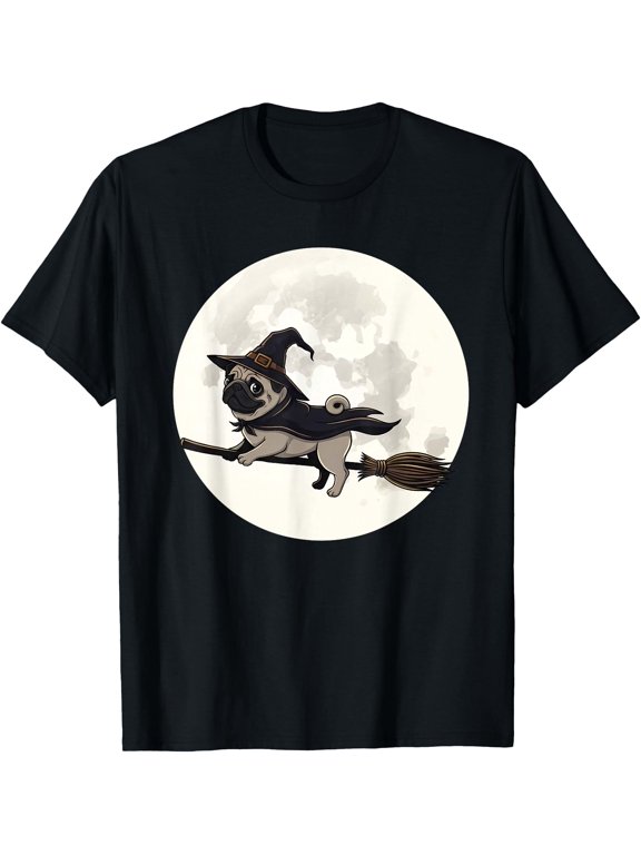 Halloween Witch Pug Dog Flying On Broomstick Moon Spooky Season Halloween Theme T-Shirt