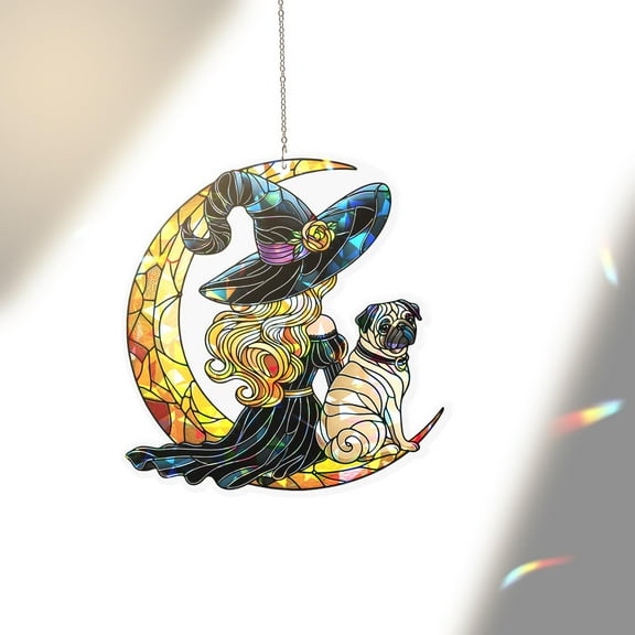 Halloween Witch Pug Moon Acrylic Suncatcher, 2D Flat Holographic, Dog Lover Fall Window Hanging Ornament