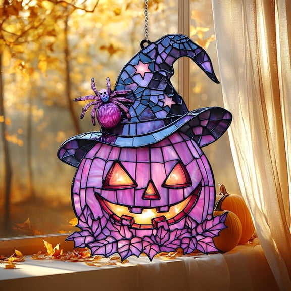Halloween Witch Pumpkin Acrylic Suncatcher, Faux Stained Glass Window Hanging, Spooky Jack O Lantern Decor, Fall Gift For Halloween Lovers