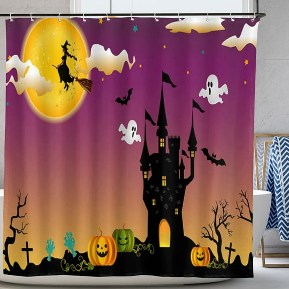 Halloween Witch Pumpkin Shower Curtain Halloween Theme Moon Night Castle Shower Curtain for Kids Bathroom Decor 72"x72"