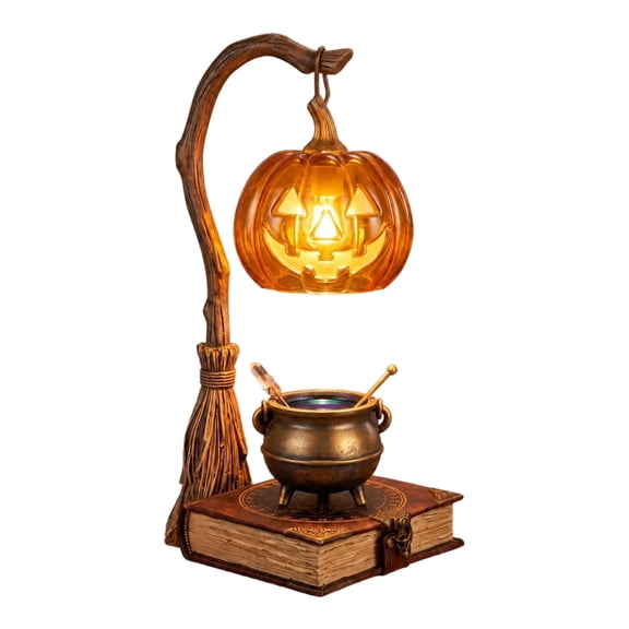 Halloween Witch Pumpkin Table Lamp, Vintage Magic Book Cauldron Decor Light, Wizard Themed LED Night Light, Broom Hanging Pumpkin Lantern Desktop Ornament for Fall Home Decor