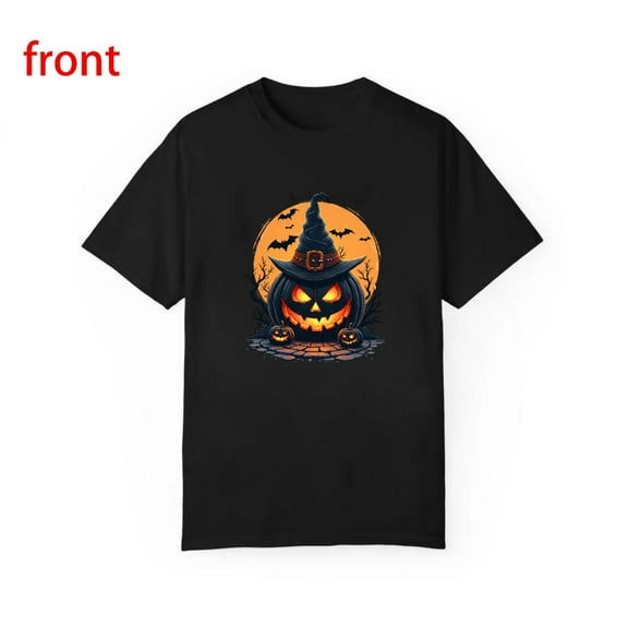 Halloween Witch Pumpkin Tee Glowing Eyes Graphic Bat Moon Top Vintage Short Sleeve Round Neck Black S-5XL