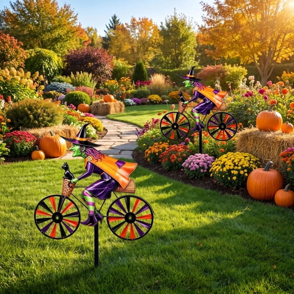 Halloween Witch Riding Bike Yard Stake Metal Garden Decoration Non Rotating Iron Ground Plug Ornament for Outdoor Lawn Porch Patio Fall Holiday Landscape Display Decor Seasonal