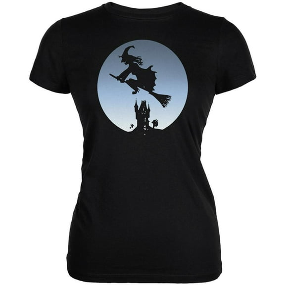 Halloween Witch Riding Broomstick Full Moon Juniors Soft T Shirt Black MD